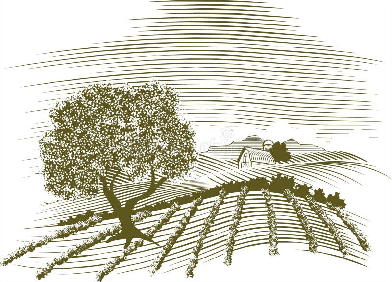 Cena da exploração agrícola do Woodcut ilustração royalty free Cena da exploração agrícola do Woodcut ilustração royalty free