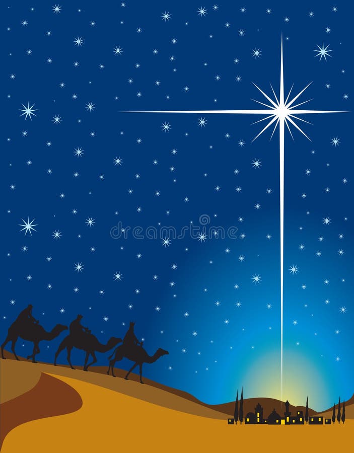 Cena da mágica do clássico três e estrela de brilho de Bethlehem ilustração royalty free Cena da mágica do clássico três e estrela de brilho de Bethlehem ilustração royalty free