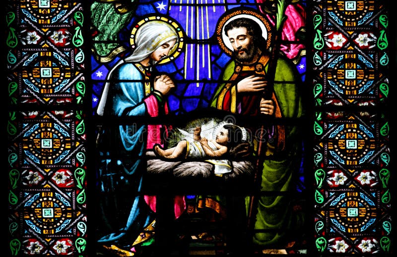 The Nativity scene: beautiful stained glass window from Santa Maria de Montserrat Abbey (Catalonia, Spain). The Nativity scene: beautiful stained glass window from Santa Maria de Montserrat Abbey (Catalonia, Spain).