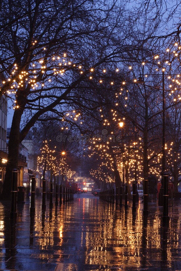 View of Cheltenham Promenade at night, after rainfall with the christmas lights in the trees. View of Cheltenham Promenade at night, after rainfall with the christmas lights in the trees.