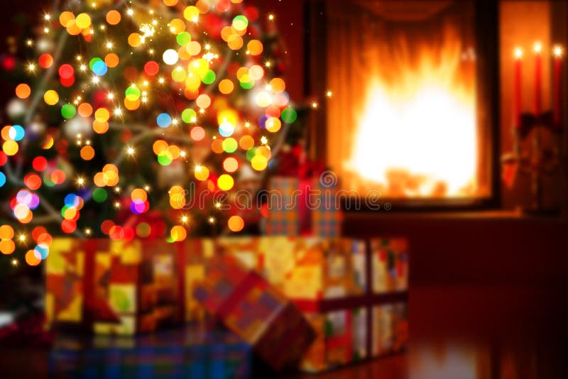 Cena de Art Christmas com presentes e chaminé da árvore