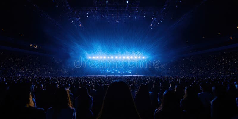 Cena de concerto vibrante em grande arena com luzes azuis deslumbrantes e público entusiasmado ilustração do vetor