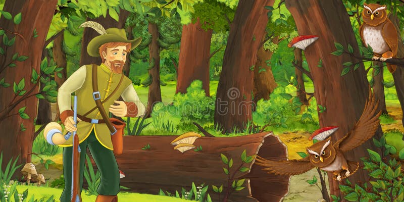 Cena de desenho animado com fazendeiro ou caçador mais velho na floresta encontrando pares de corujas voando ilustração royalty free Cena de desenho animado com fazendeiro ou caçador mais velho na floresta encontrando pares de corujas voando ilustração royalty free