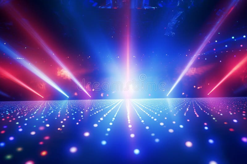 Cena de discoteca viva com raios brilhantes azuis e vermelhos. ilustração stock