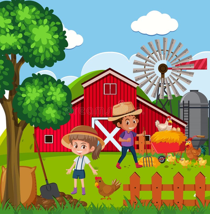 Cena de exploração com crianças e galinhas felizes na exploração ilustração royalty free