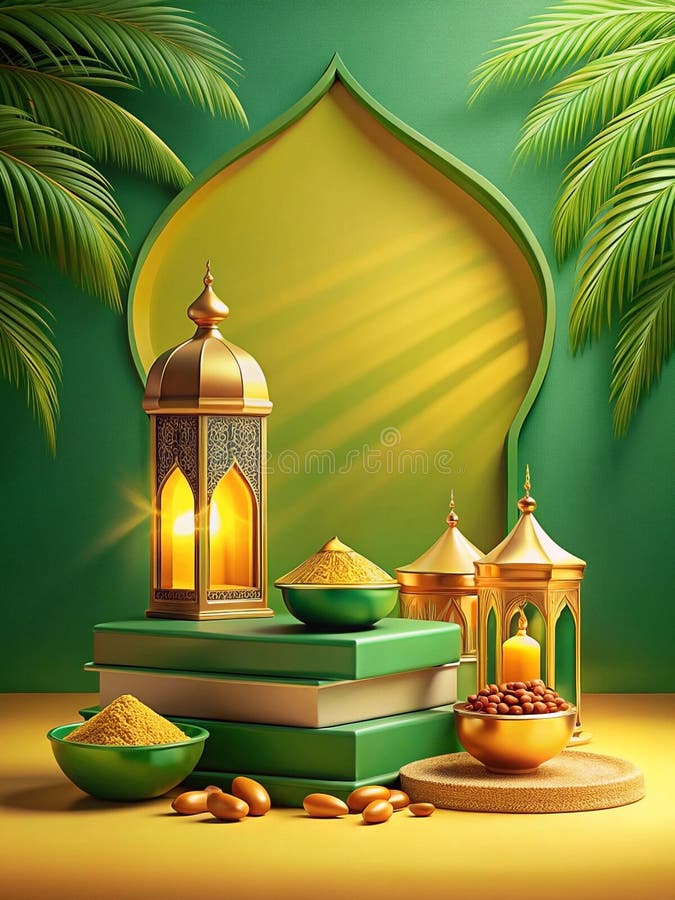 Cena de Ramadã com lanterna data especiarias e livros imagem de stock