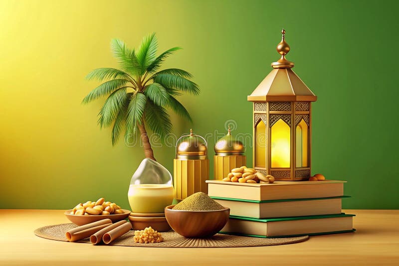 Cena de Ramadã com lanterna data leite especiarias e livros em mesa de madeira imagem de stock royalty free