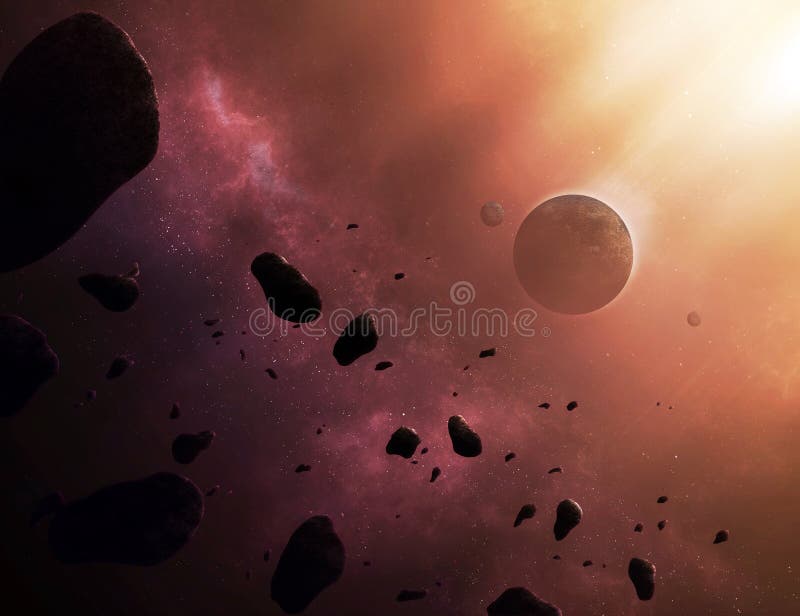 Beautiful space scene with asteroids and a planet in the cosmos. Beautiful space scene with asteroids and a planet in the cosmos.