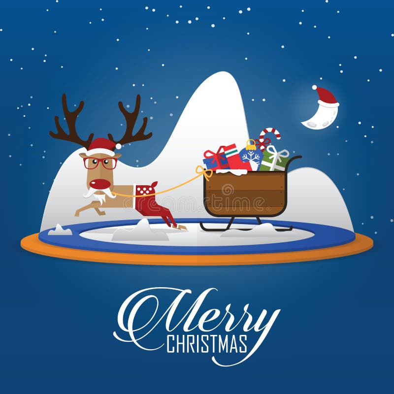 Cena do Feliz Natal com a rena que puxa o trenó de Santa Clauss Personagem de banda desenhada Vetor ilustração royalty free Cena do Feliz Natal com a rena que puxa o trenó de Santa Clauss Personagem de banda desenhada Vetor ilustração royalty free