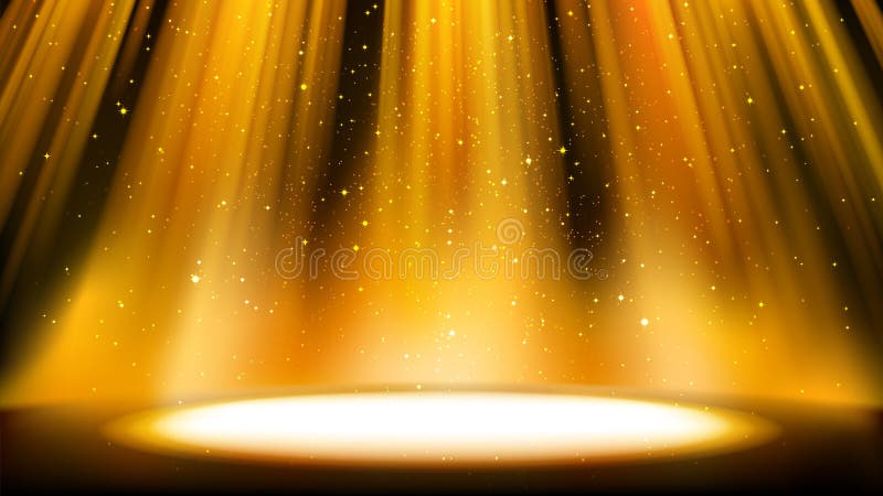 Cena dourada vazia com um fundo escuro, lugar iluminado pelo projetor dourado brilhante, partículas efervescentes de queda Contex ilustração do vetor Cena dourada vazia com um fundo escuro, lugar iluminado pelo projetor dourado brilhante, partículas efervescentes de queda Contex ilustração do vetor