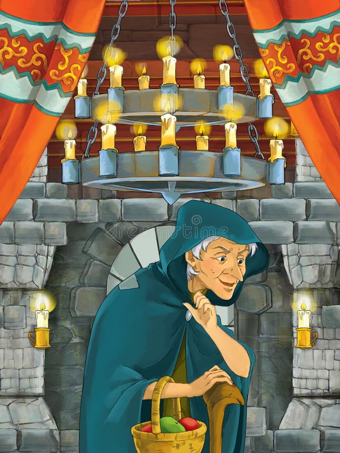 Cena feliz dos desenhos animados com a feiticeira ou o empregado da bruxa da mulher do fazendeiro na sala do castelo ilustração royalty free Cena feliz dos desenhos animados com a feiticeira ou o empregado da bruxa da mulher do fazendeiro na sala do castelo ilustração royalty free