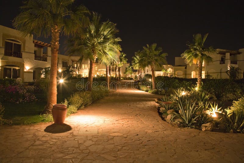 Pathway through palm tree lined luxurious resort buildings viewed illuminated at night, Egypt. Pathway through palm tree lined luxurious resort buildings viewed illuminated at night, Egypt.