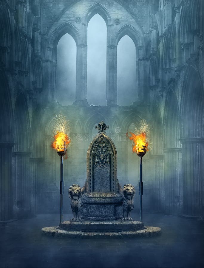 Cena medieval da fantasia com um trono e tourches