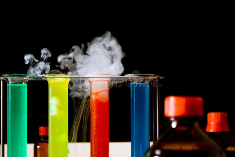 Laboratory scene with test tubes, filled with colorful liquids, steaming. Laboratory scene with test tubes, filled with colorful liquids, steaming