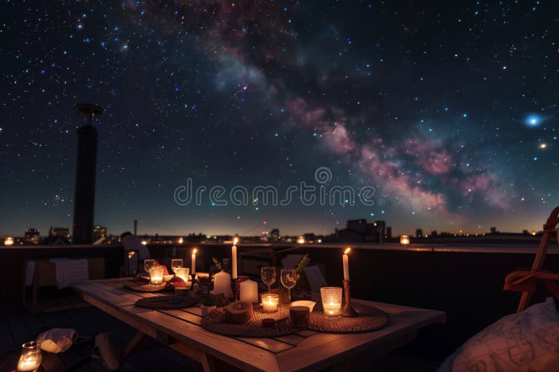 Cena sul tetto con candele e vista delle stelle sopra create con aria generativa generata