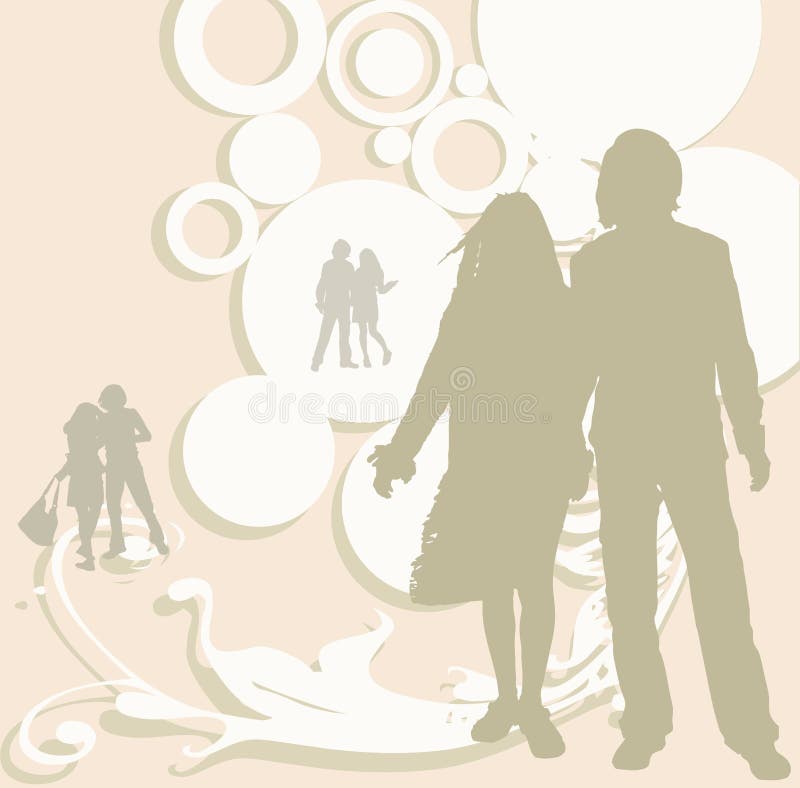 Illustration of an urban scene with couples silhouettes. Illustration of an urban scene with couples silhouettes