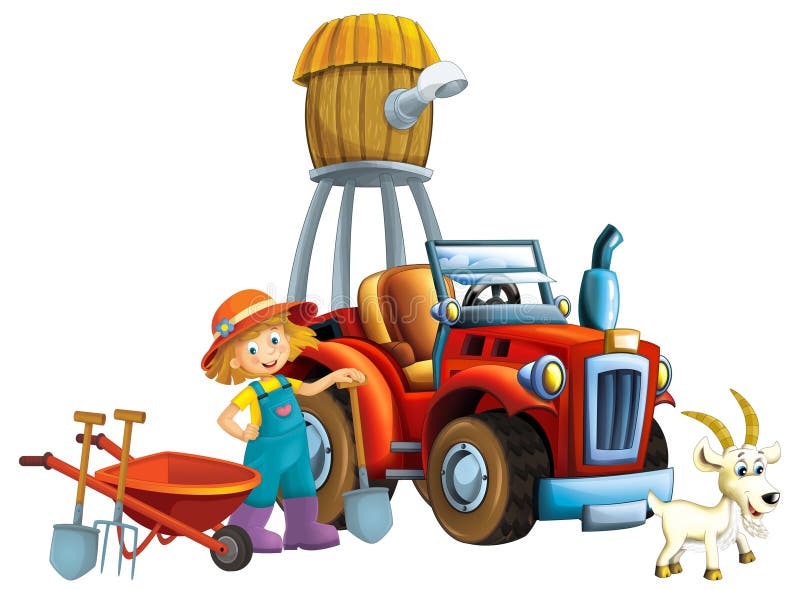 cartoon scene young girl near wheelbarrow and tractor car for different tasks farm animal goat playing farming tools water silo illustration for kids. cartoon scene young girl near wheelbarrow and tractor car for different tasks farm animal goat playing farming tools water silo illustration for kids