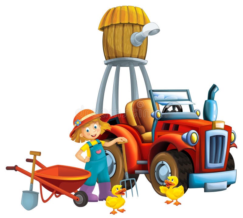 cartoon scene young girl near wheelbarrow and tractor car for different tasks farm animal duck chicken playing farming tools water silo illustration for kids. cartoon scene young girl near wheelbarrow and tractor car for different tasks farm animal duck chicken playing farming tools water silo illustration for kids