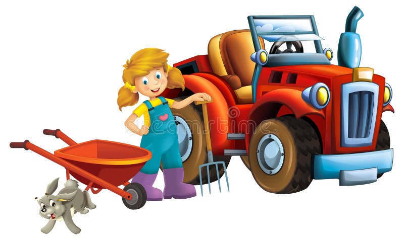 cartoon scene young girl near wheelbarrow and tractor car for different tasks farm animal rabbit bunny hare playing farming tools illustration for kids. cartoon scene young girl near wheelbarrow and tractor car for different tasks farm animal rabbit bunny hare playing farming tools illustration for kids