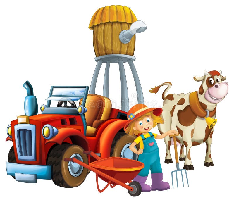 cartoon scene young girl near wheelbarrow and tractor car for different tasks farm animal cow playing farming tools water silo illustration for kids. cartoon scene young girl near wheelbarrow and tractor car for different tasks farm animal cow playing farming tools water silo illustration for kids