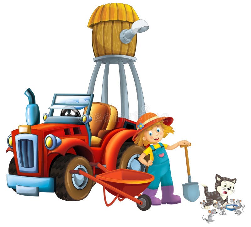 cartoon scene young girl near wheelbarrow and tractor car for different tasks farm animal cat and mouse playing farming tools water silo illustration for kids. cartoon scene young girl near wheelbarrow and tractor car for different tasks farm animal cat and mouse playing farming tools water silo illustration for kids