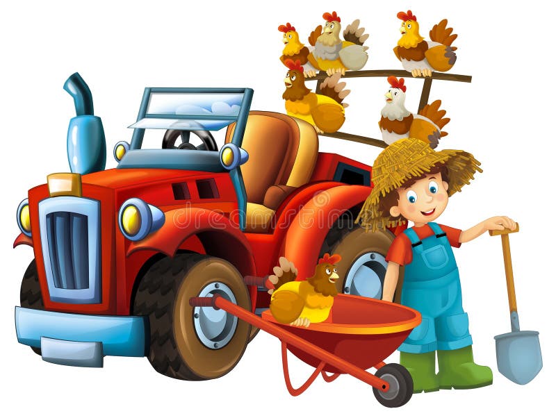 cartoon scene young boy near wheelbarrow and tractor car for different tasks farm animal hen chicken bird playing farming tools illustration for kids. cartoon scene young boy near wheelbarrow and tractor car for different tasks farm animal hen chicken bird playing farming tools illustration for kids