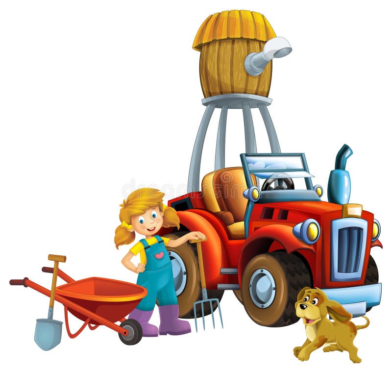 cartoon scene young girl near wheelbarrow and tractor car for different tasks farm animal dog playing farming tools water silo illustration for kids. cartoon scene young girl near wheelbarrow and tractor car for different tasks farm animal dog playing farming tools water silo illustration for kids