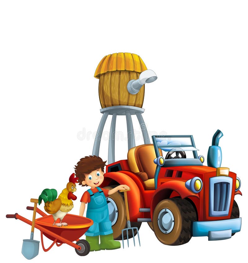 cartoon scene young boy near wheelbarrow and tractor car for different tasks farm animal rooster playing farming tools illustration for kids. cartoon scene young boy near wheelbarrow and tractor car for different tasks farm animal rooster playing farming tools illustration for kids