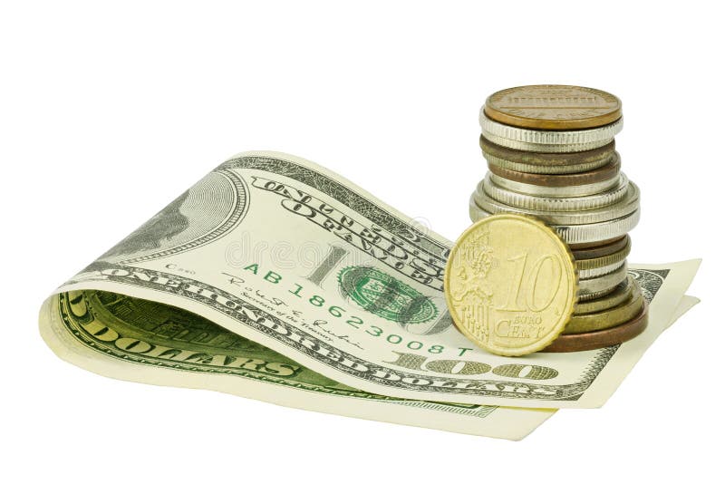 Cent dollars sous des pièces de monnaie avec l'euro cent image libre de droits Cent dollars sous des pièces de monnaie avec l'euro cent image libre de droits