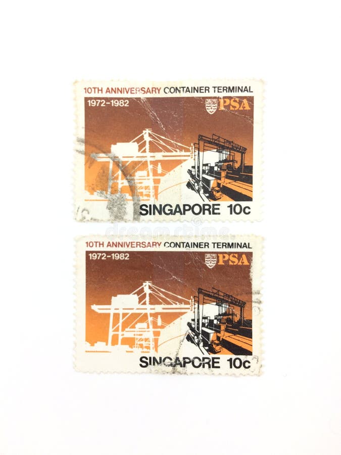 10 cent 1972-1982,Singapore 10th Anniversary Container Terminal used postage stamp. Harbour orange brown background stock images 10 cent 1972-1982,Singapore 10th Anniversary Container Terminal used postage stamp. Harbour orange brown background stock images