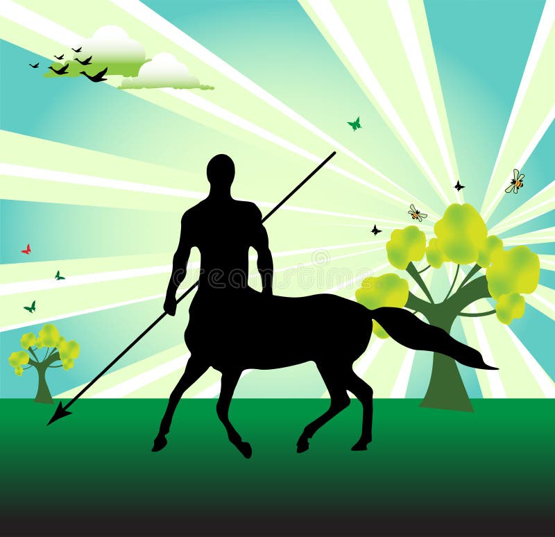 Abstract colorful illustration with trees, small insects, birds, clouds and a black centaur silhouette with a spear in his hand. Abstract colorful illustration with trees, small insects, birds, clouds and a black centaur silhouette with a spear in his hand