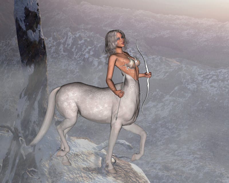 Digital render of a silver-haired female centaur with bow and arrow, standing in a snowy landscape. Digital render of a silver-haired female centaur with bow and arrow, standing in a snowy landscape.