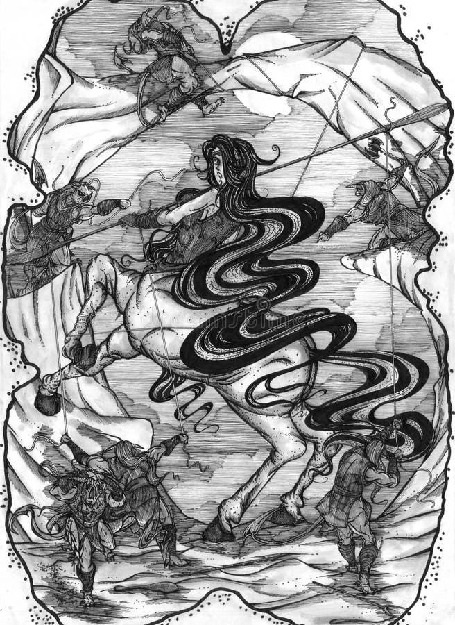 An imaginary ink illustration of a centaur trrapped by some demons. An imaginary ink illustration of a centaur trrapped by some demons.
