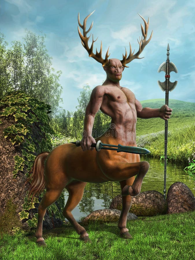 Fantasy centaur on a green meadow by a river. Fantasy centaur on a green meadow by a river