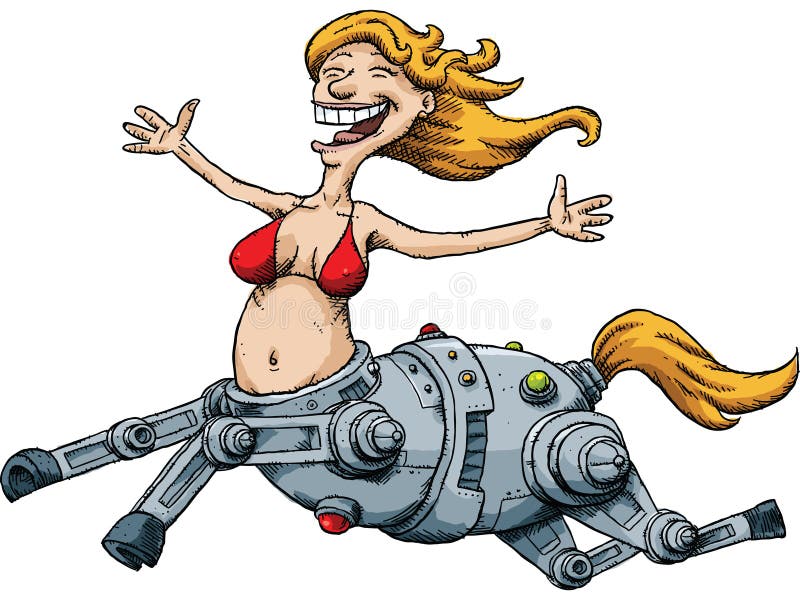 A cartoon woman who is a centaur with a robotic lower horse body. A cartoon woman who is a centaur with a robotic lower horse body.