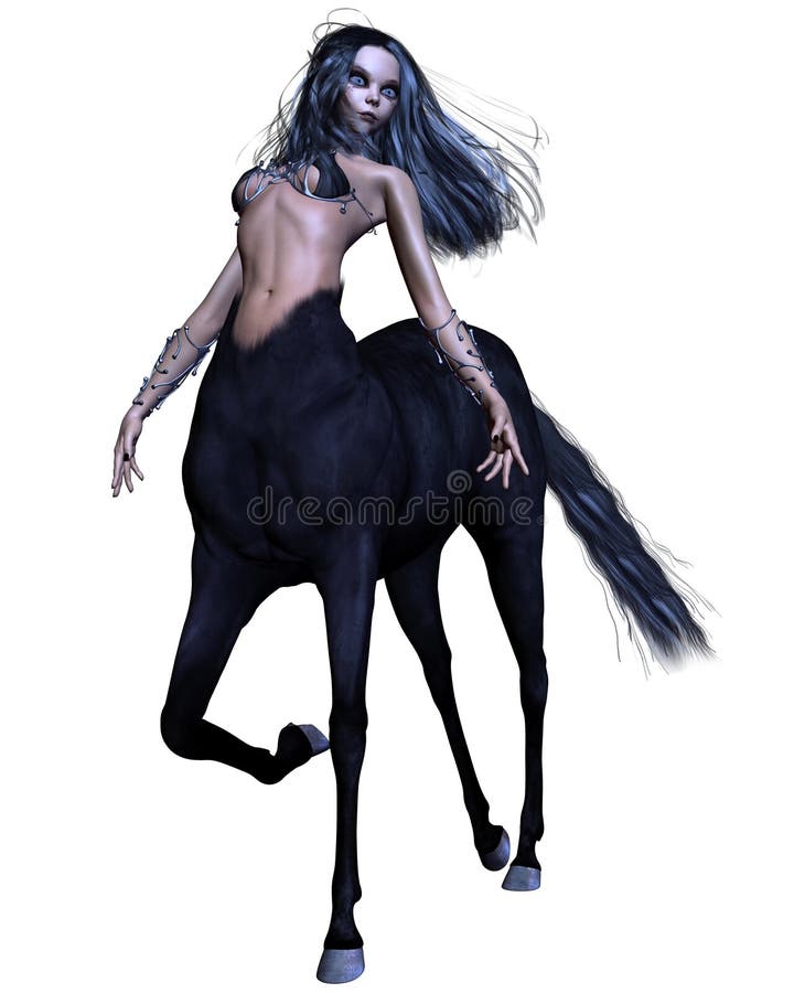 Female gothic centaur with black horse coat and dark goth-style makeup, 3d digitally rendered illustration. Female gothic centaur with black horse coat and dark goth-style makeup, 3d digitally rendered illustration