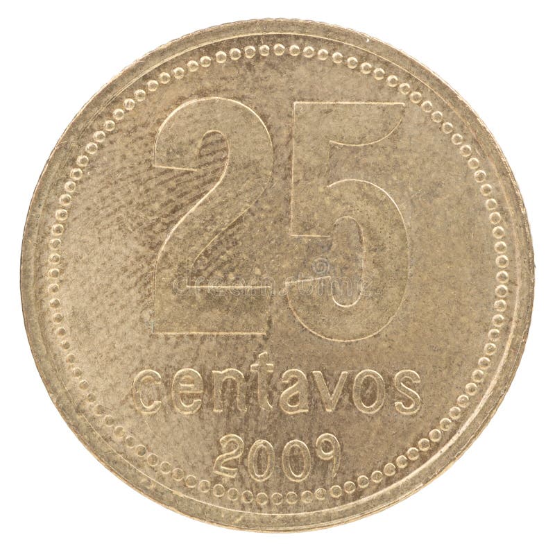 Twenty five Argentine centavos coin isolated on white background. Twenty five Argentine centavos coin isolated on white background