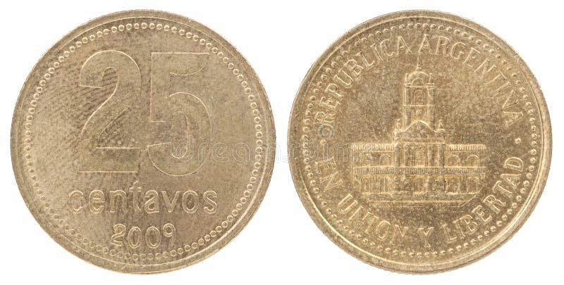 Twenty five Argentine centavos coin isolated on white background - set. Twenty five Argentine centavos coin isolated on white background - set