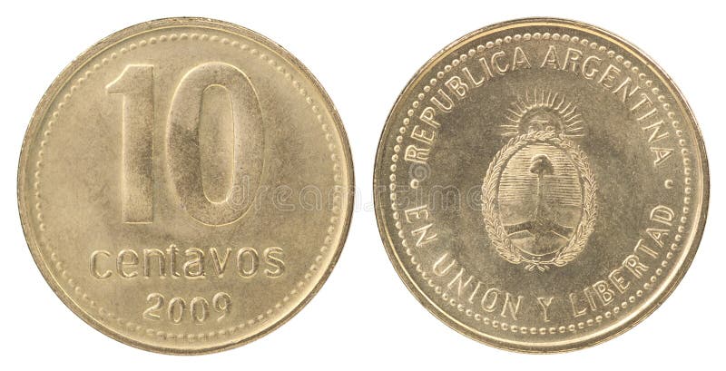 Ten Argentine centavos coin isolated on white background - set. Ten Argentine centavos coin isolated on white background - set