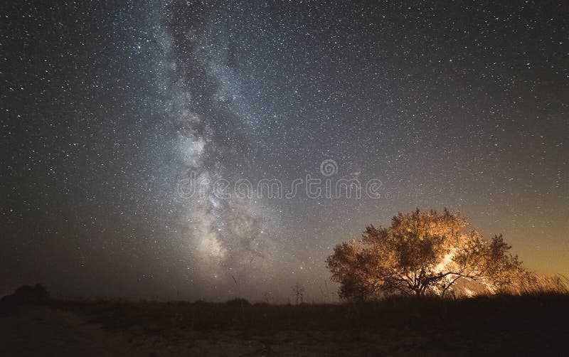 The center of our home galaxy, the Milky Way rising over the field, the night stars landscape, the tree glows royalty free stock image The center of our home galaxy, the Milky Way rising over the field, the night stars landscape, the tree glows royalty free stock image
