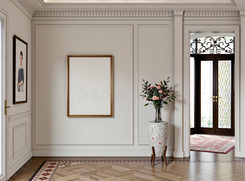 A centered blank frame in an elegant hallway, ideal for elegant design overlays royalty free illustration