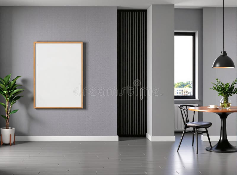 A centered blank frame in a modern dining room setting, with space for future branding and design applications royalty free illustration