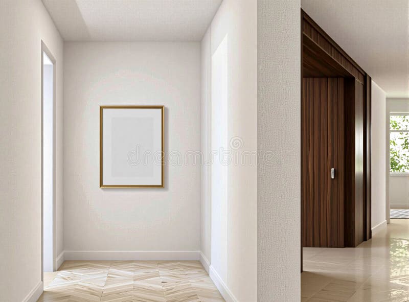 A centered blank frame on a spacious hallway wall, perfect for custom artwork vector illustration