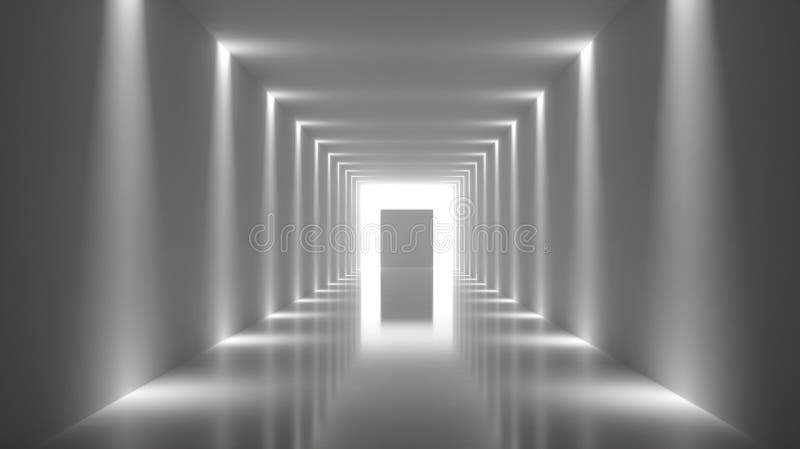 Centered depth effect with symmetrical abstract light-gray walls stock images