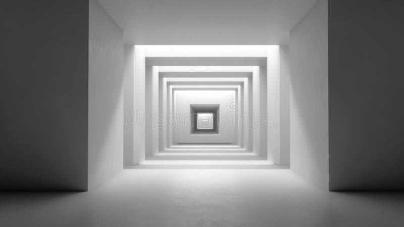 Centered depth effect with symmetrical abstract light-gray walls stock photo