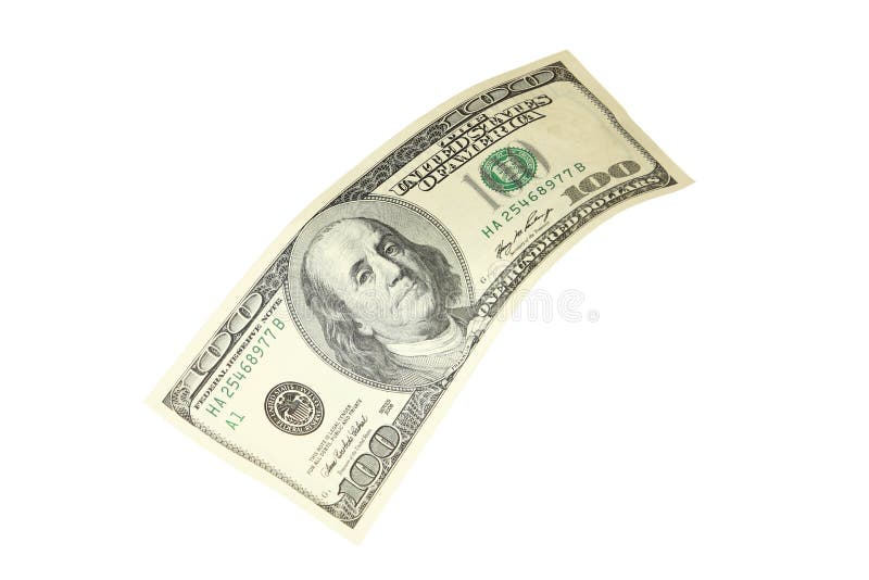 Cento banconote in dollari che cadono sul fondo bianco fotografia stock Cento banconote in dollari che cadono sul fondo bianco fotografia stock