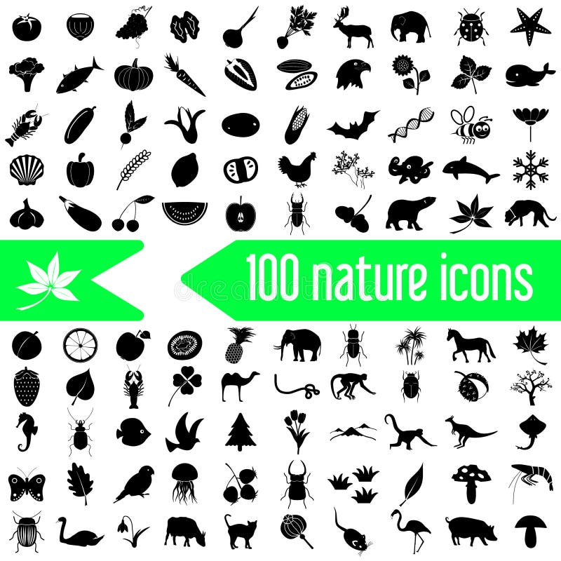 Cento icone di tema della natura messe illustrazione vettoriale Cento icone di tema della natura messe illustrazione vettoriale