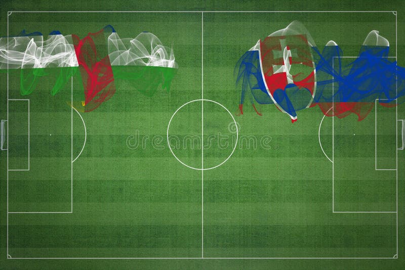 Central African Republic vs Slovakia Soccer Match, national colors, national flags, soccer field, football game, Copy space
