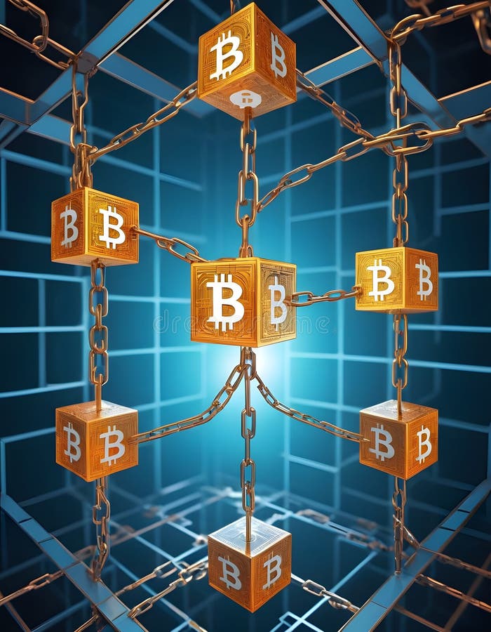 Centric Bitcoin Cube in Chain Network AI Generative royalty free stock image