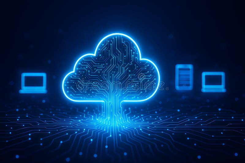 Central cloud platform connecting devices through electronic circuit pathways and signals stock illustration